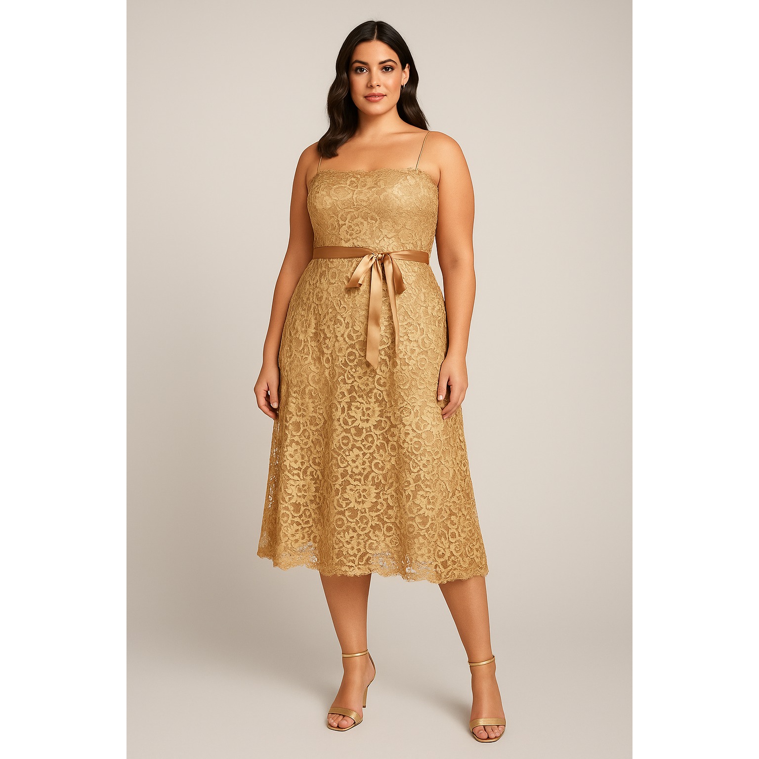 Betsey & Adam Gold Lace Midi Dress W/ Tulle Overlay | Size 14 (Fits 10/12)